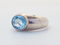 Vintage Sterling Silver 2.19ct Oval Sky-Blue Topaz Signet Band Ring, Size 7.5