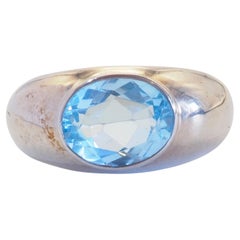 Vintage Sterling Silver 2.19ct Oval Sky-Blue Topaz Signet Band Ring, Size 7.5