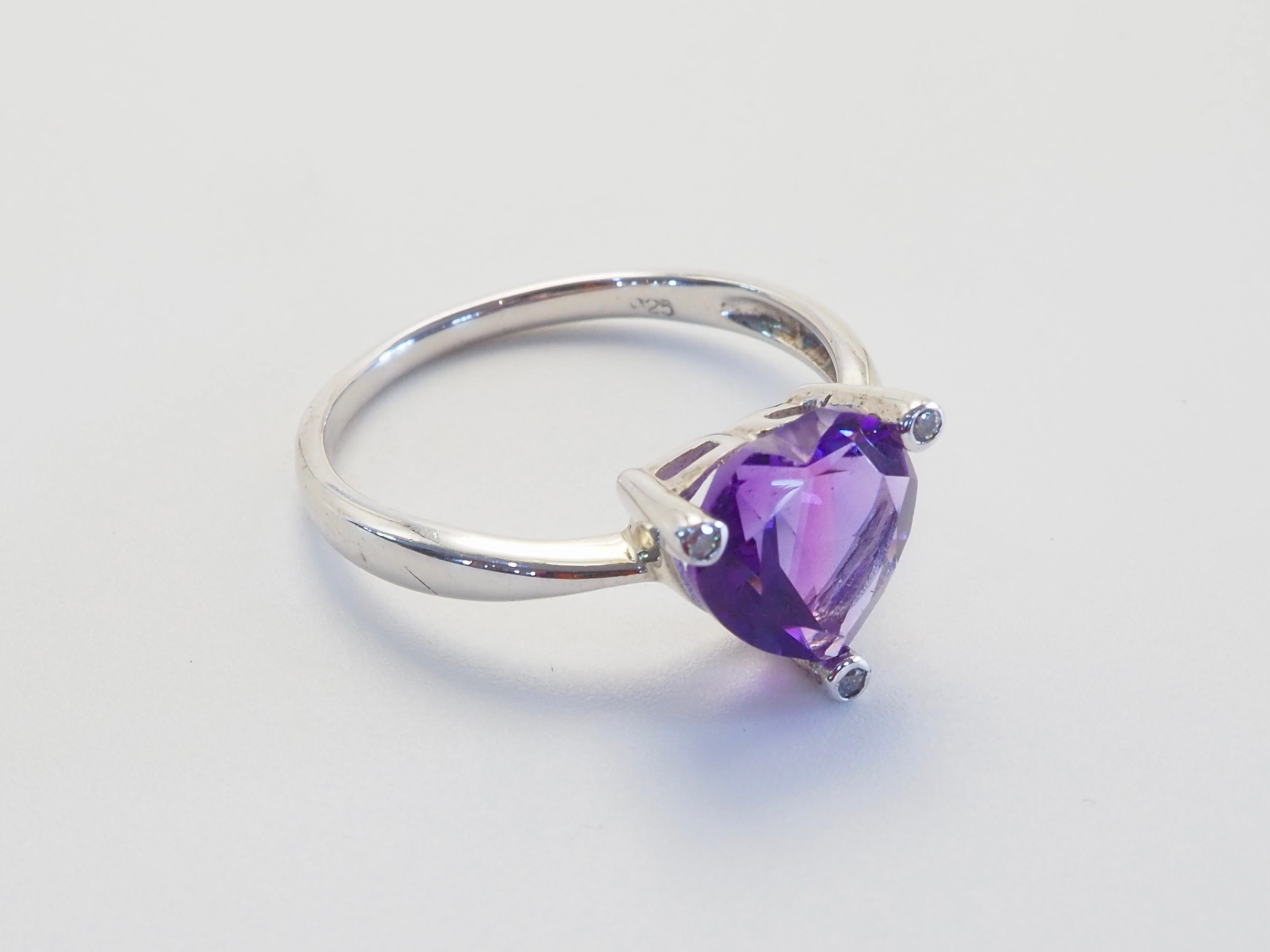 Vintage Sterling Silber 2,4ct Heart Cut Amethyst & weißer Quarz Ring, Größe 7,75 Damen im Angebot