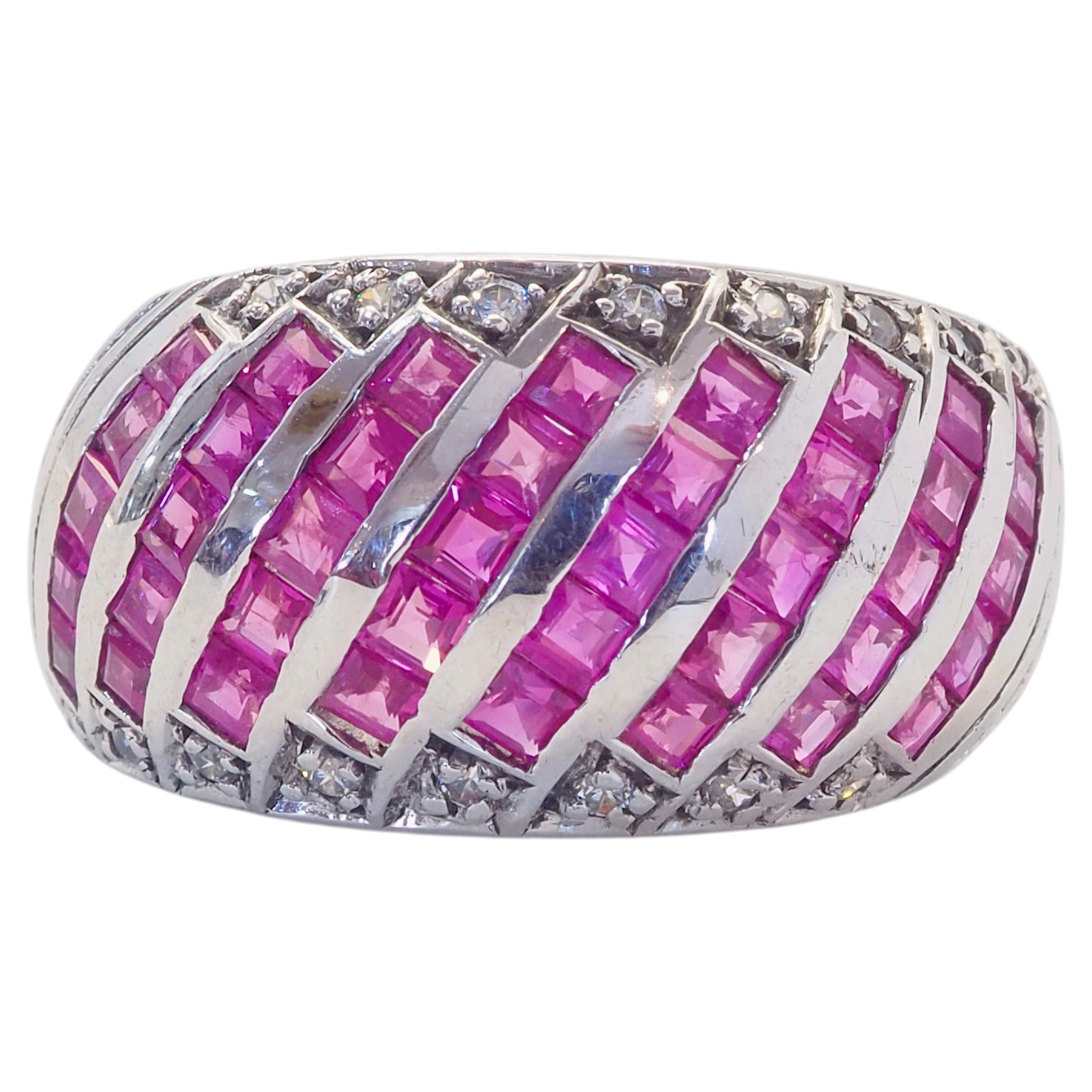 Vintage Sterling Silver 2.95ct Ruby & Quartz Bombe Band Ring, Size 6.5