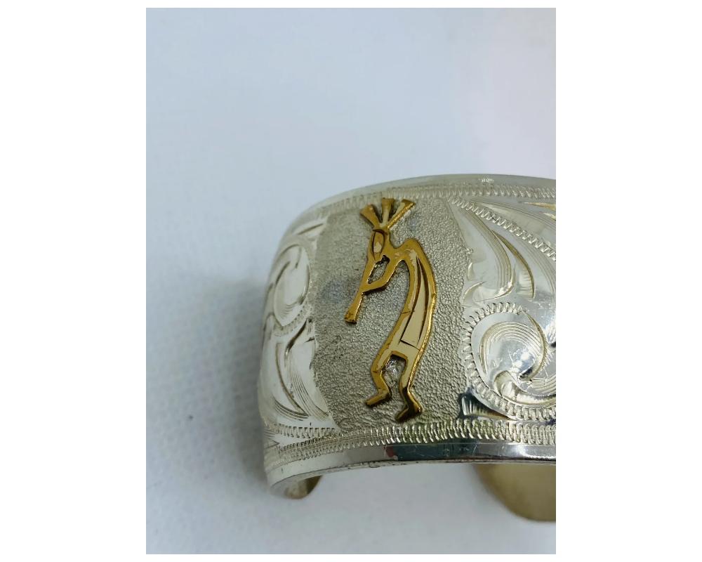 Women's Vintage Sterling Silver 925 and 10K Gold Kokopelli Dancers Bangle Cuff For Sale