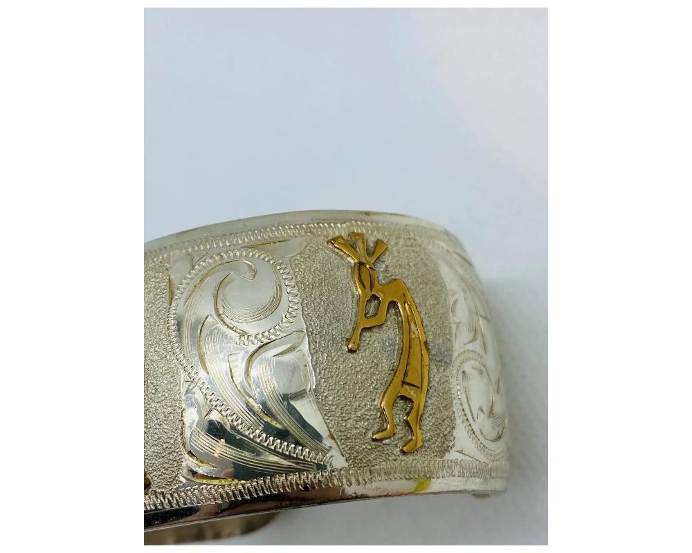 Vintage Sterling Silver 925 and 10K Gold Kokopelli Dancers Bangle Cuff For Sale 3
