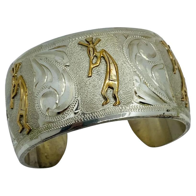 Vintage Sterling Silver 925 and 10K Gold Kokopelli Dancers Bangle Cuff For Sale