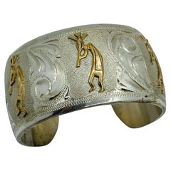 Vintage Sterling Silver 925 and 10K Gold Kokopelli Dancers Bangle Cuff