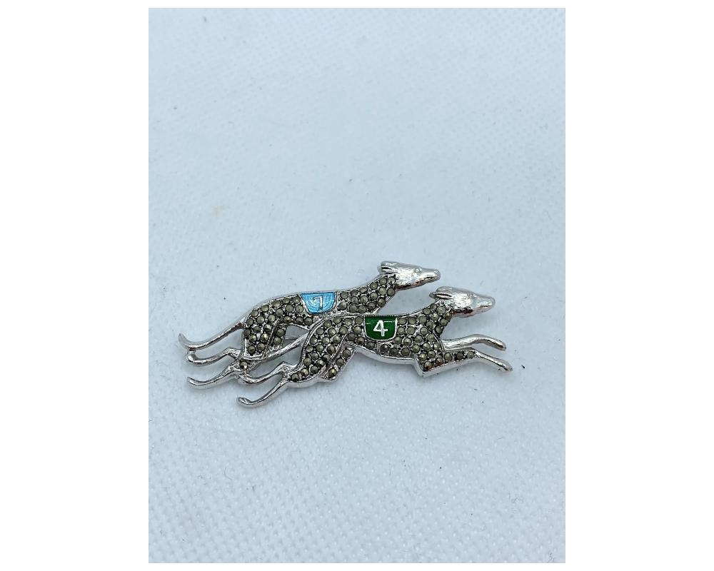 Vintage Sterling Silver 925 Marcasite Enamel Greyhound Dog Brooch High Quality 
green number 4 with enamel 
baby blue number 7 with enamel 
in excellent condition please see photos these are like brand new 
size is approximately a little over 2