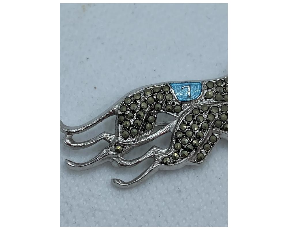 Vintage Sterling Silver 925 Marcasite Enamel Greyhound Dog Brooch In Good Condition For Sale In New York, NY