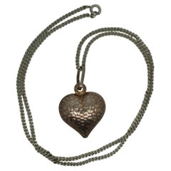 Vintage Sterling Silver 925 Pebbled Puffy Heart Pendant Necklace 18" Chain