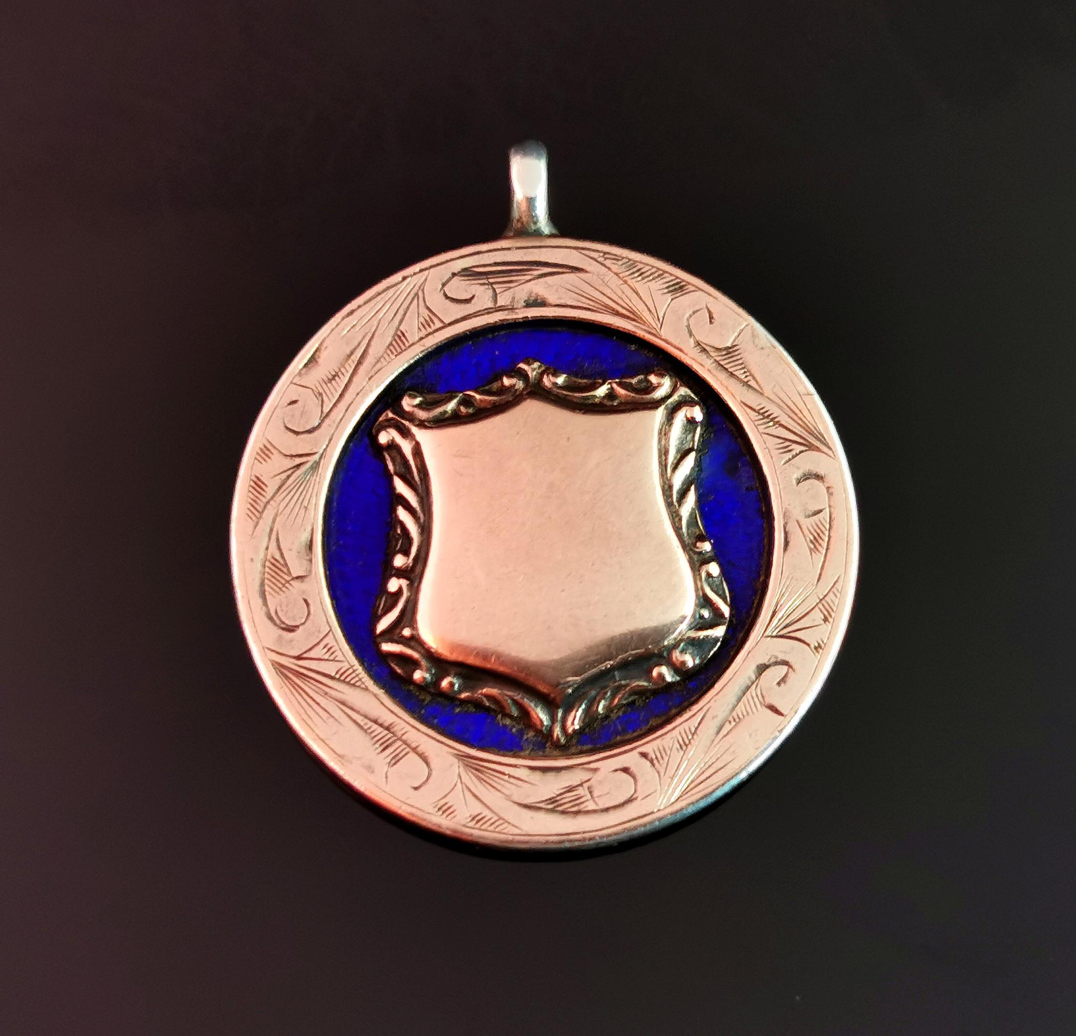 Vintage Sterling Silver, 9kt Rose Gold and Blue Enamel Fob Pendant, 1920s 5
