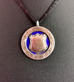 Vintage Sterling Silver, 9kt Rose Gold and Blue Enamel Fob Pendant, 1920s