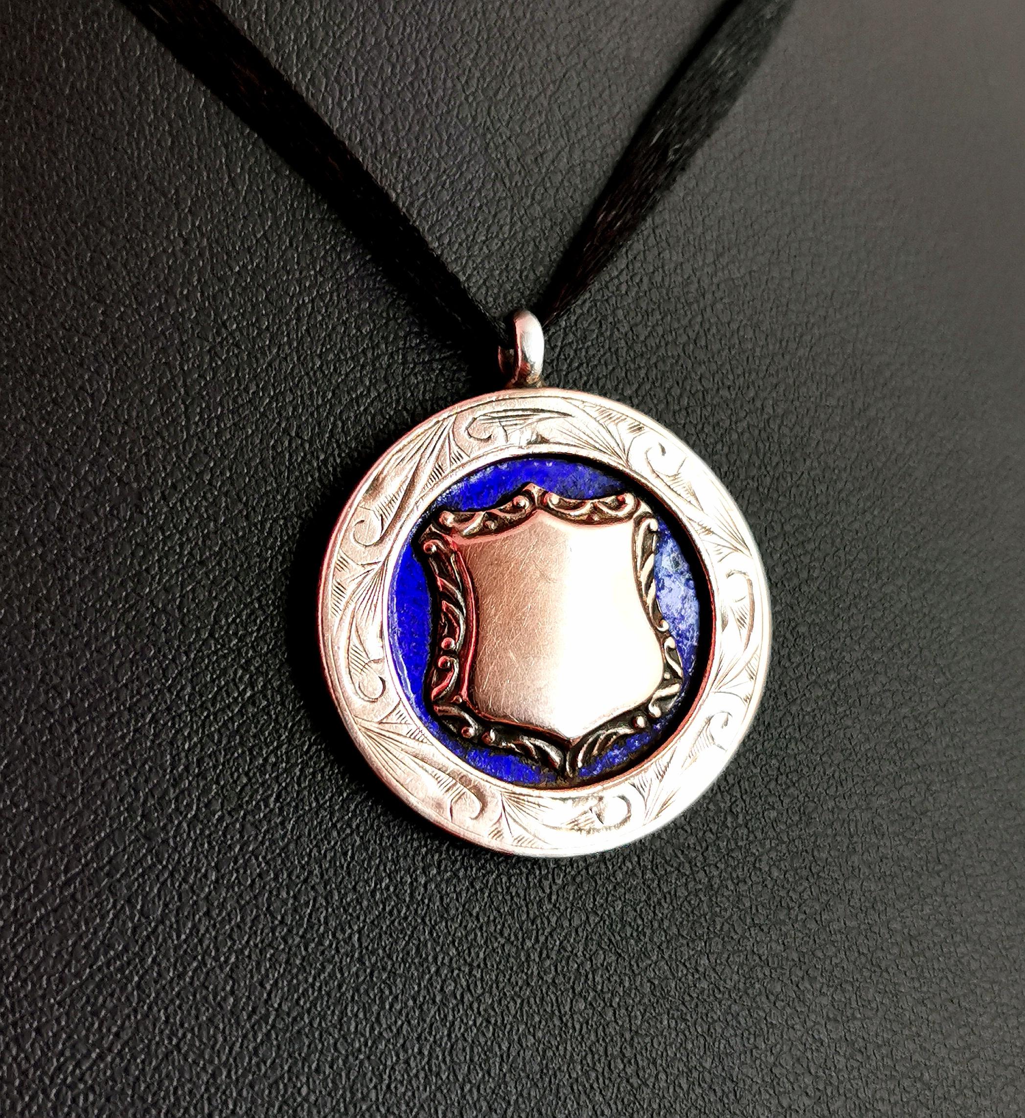 Art Deco Vintage Sterling Silver, 9kt Rose Gold and Blue Enamel Fob Pendant, 1920s