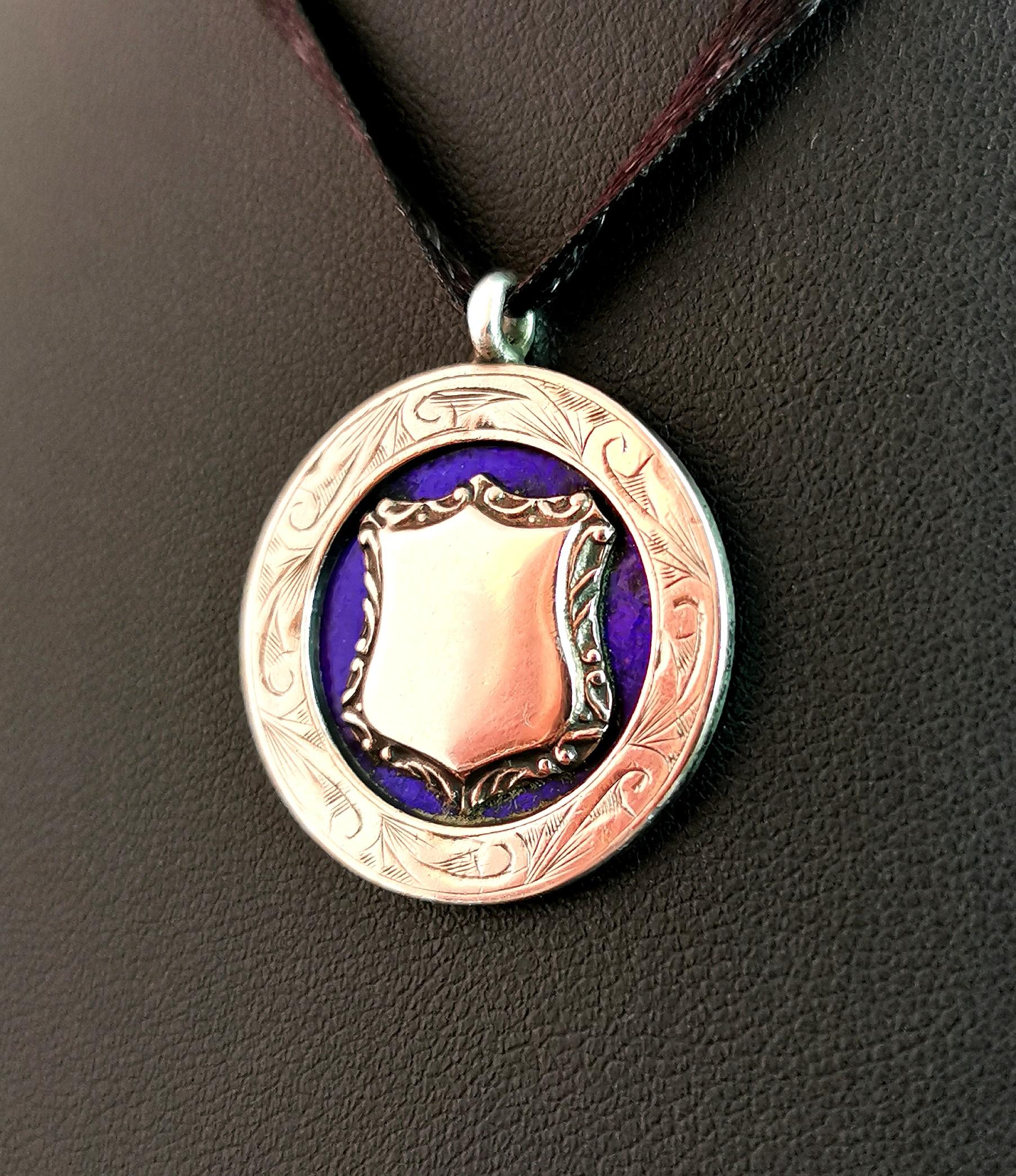 Vintage Sterling Silver, 9kt Rose Gold and Blue Enamel Fob Pendant, 1920s 1