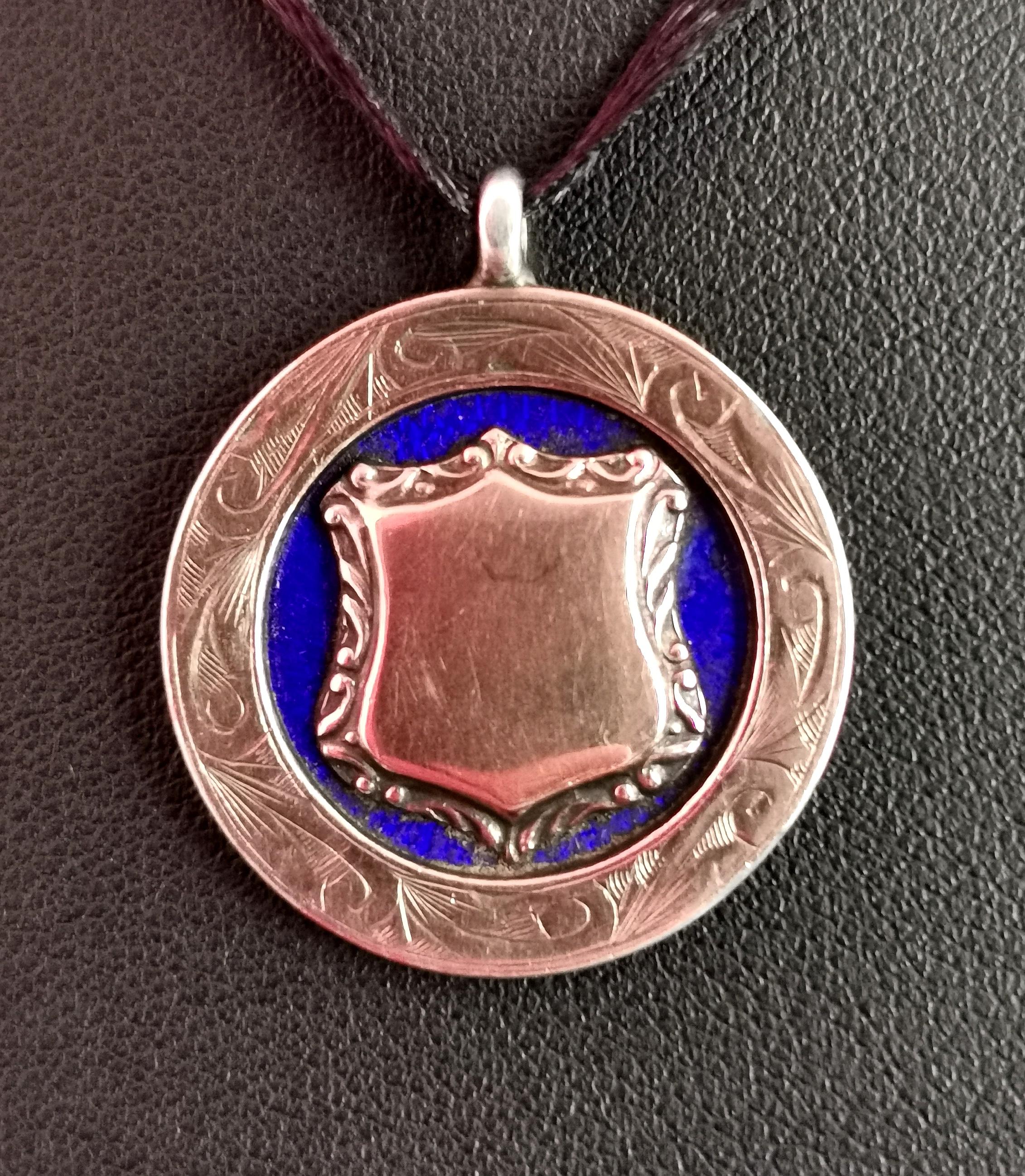 Vintage Sterling Silver, 9kt Rose Gold and Blue Enamel Fob Pendant, 1920s 2