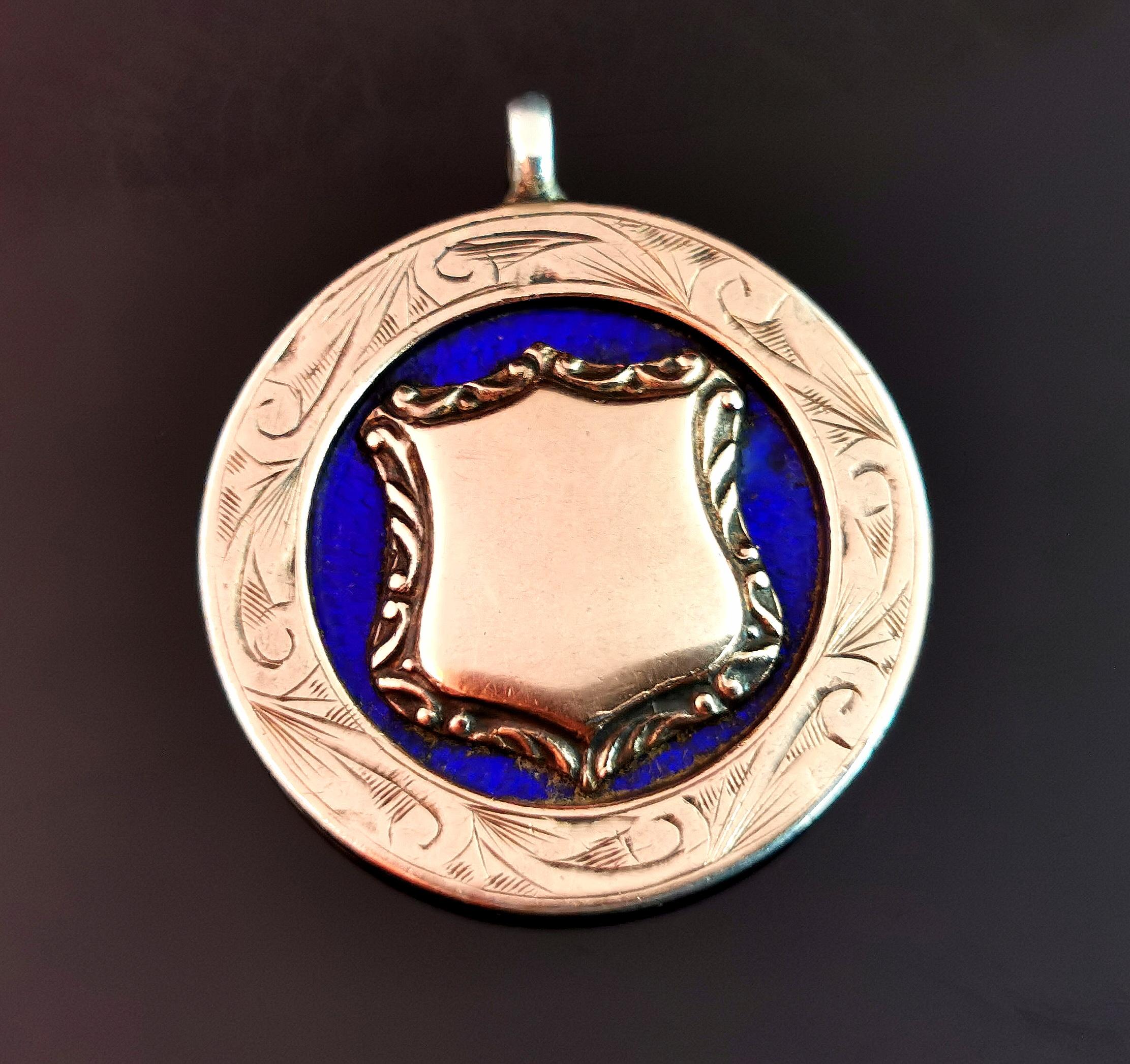 Vintage Sterling Silver, 9kt Rose Gold and Blue Enamel Fob Pendant, 1920s 4
