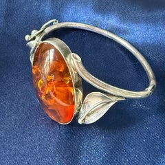 Vintage Sterling Silver Amber Bracelet Leaf Design Natural Amber Bangle