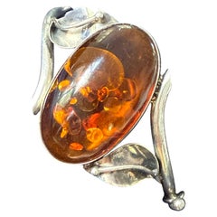 Vintage Sterling Silver Amber Bracelet Leaf Design Natural Amber Bangle