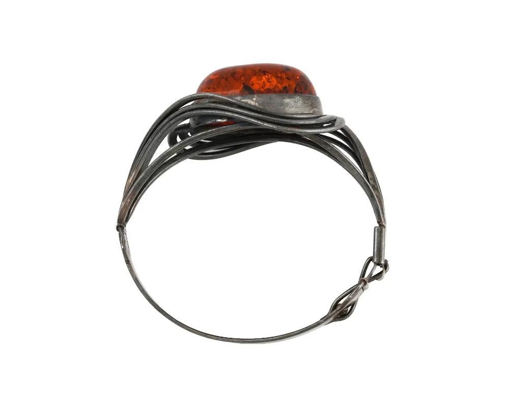 Vintage Sterling Silver Amber Hinged Cuff Bracelet In Good Condition For Sale In New York, NY