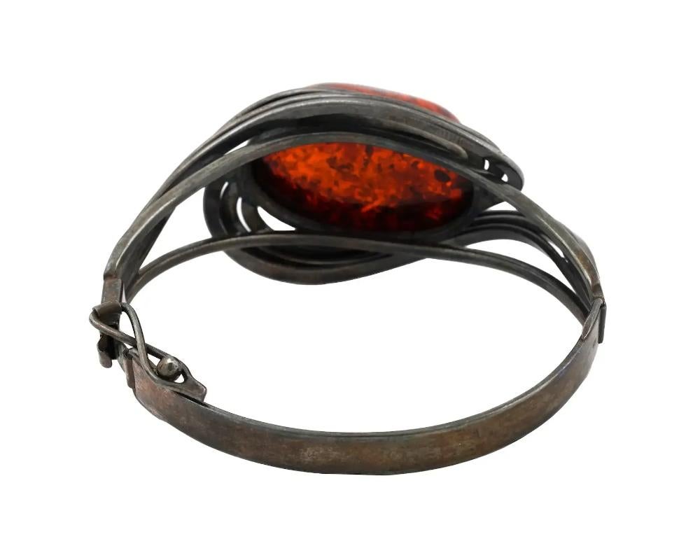 Women's Vintage Sterling Silver Amber Hinged Cuff Bracelet For Sale