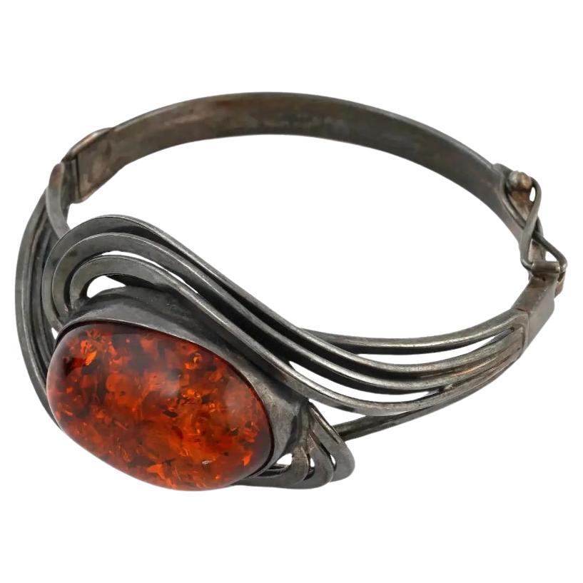 Vintage Sterling Silver Amber Hinged Cuff Bracelet For Sale