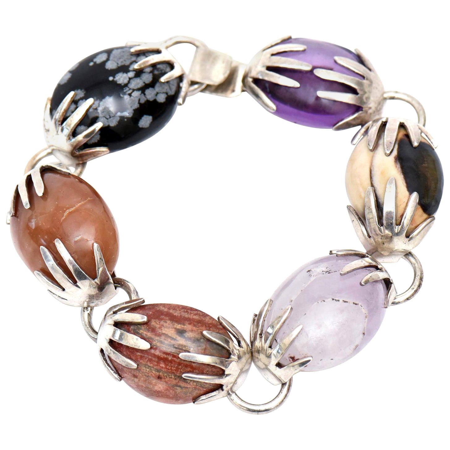 Vintage Sterling Silver, Amethyst and Agate Stone Bracelet Hallmarked 1950's