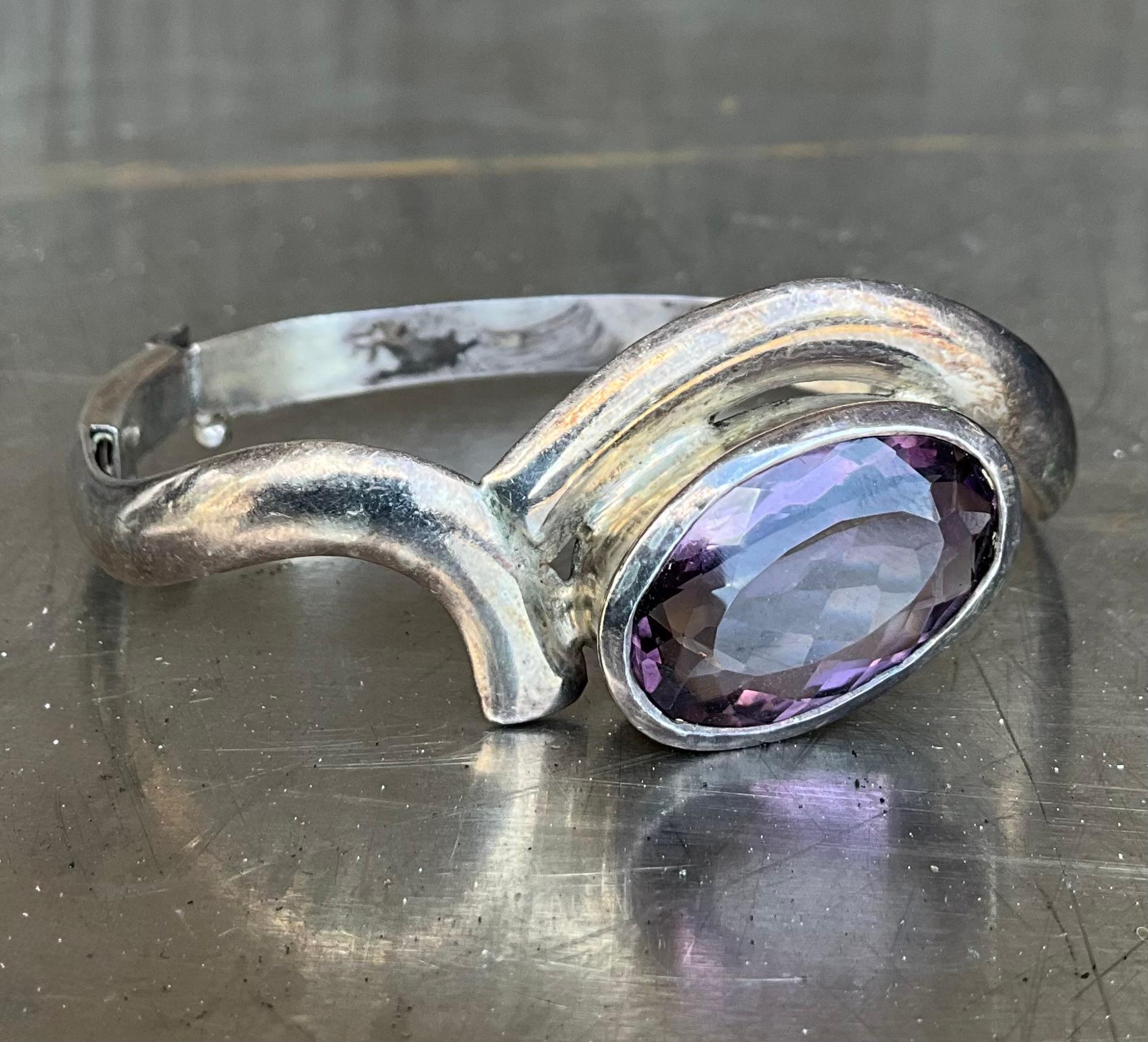 Cabochon Vintage Sterling Silver Amethyst Cuff For Sale