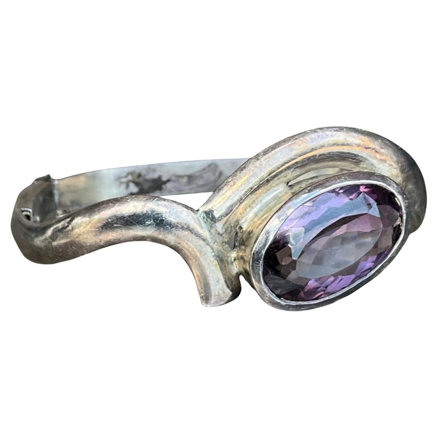 Vintage Sterling Silver Amethyst Cuff For Sale