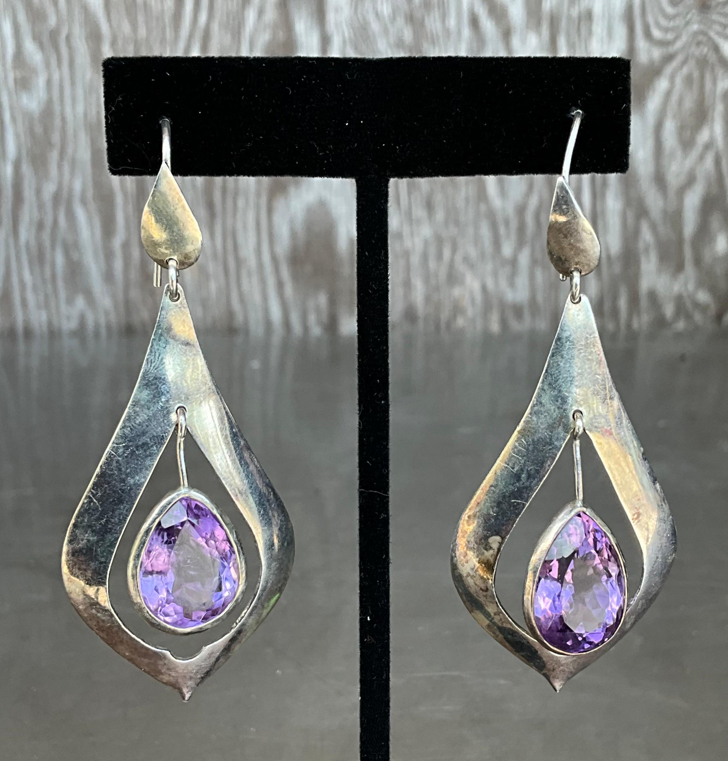 Vintage Sterling Silver Amethyst Drop Earrings For Sale 5