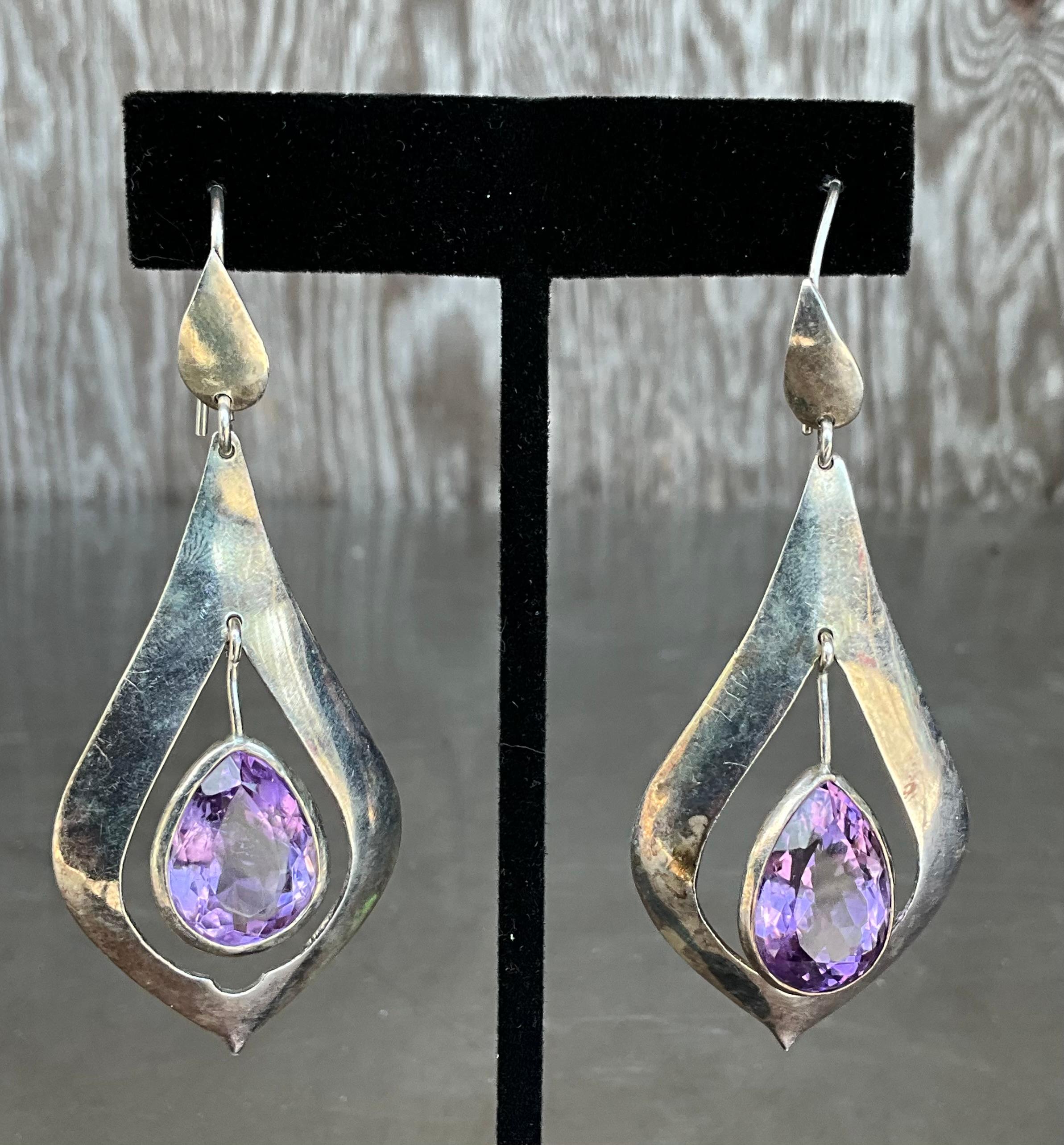 Vintage Sterling Silver Amethyst Drop Earrings For Sale 6