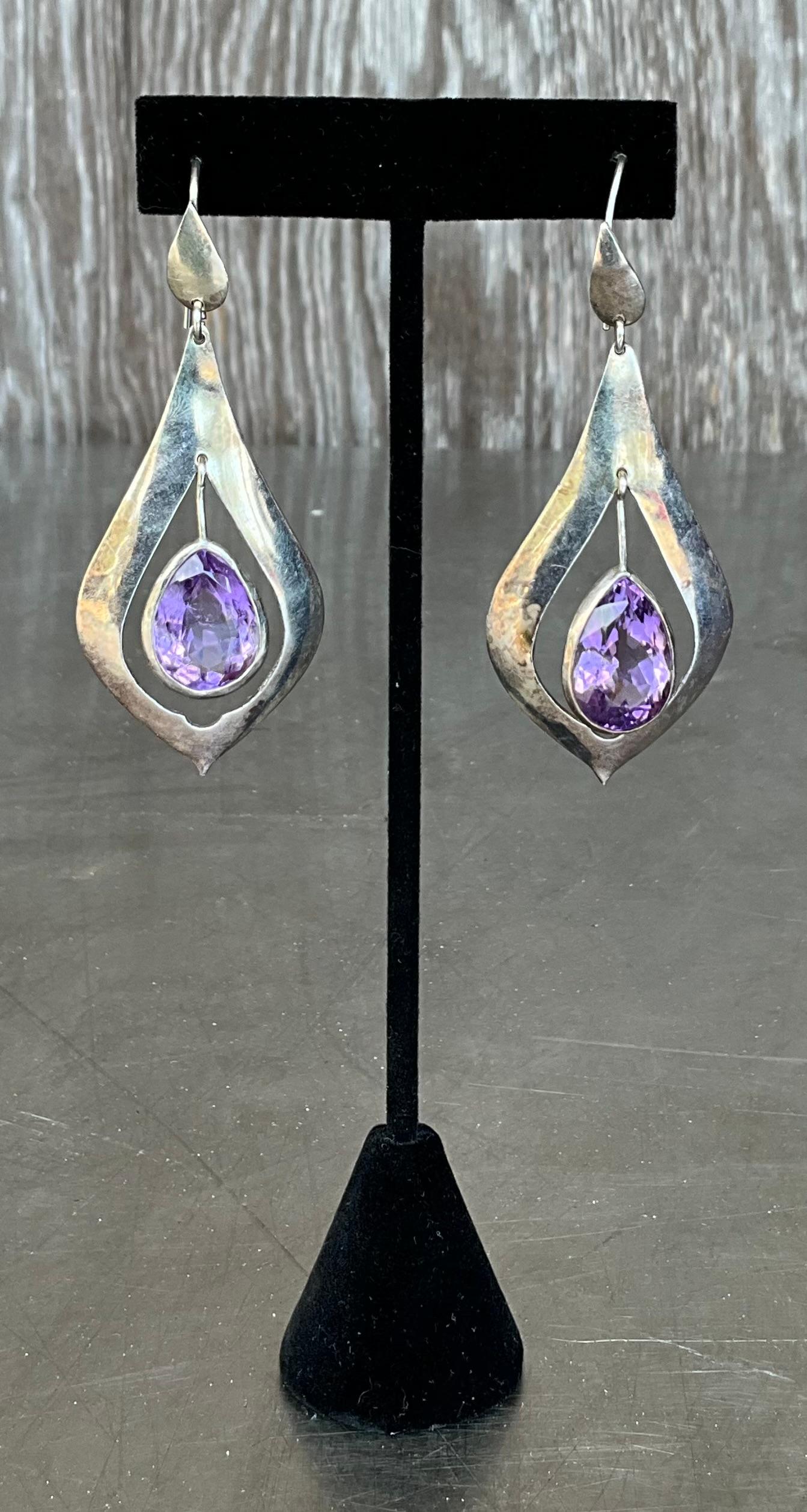 Cabochon Vintage Sterling Silver Amethyst Drop Earrings For Sale