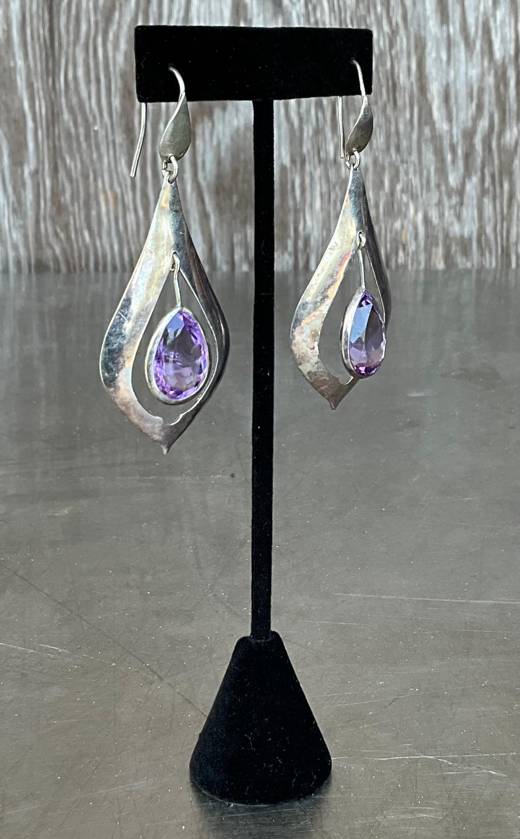Women's or Men's Vintage Sterling Silver Amethyst Drop Earrings For Sale