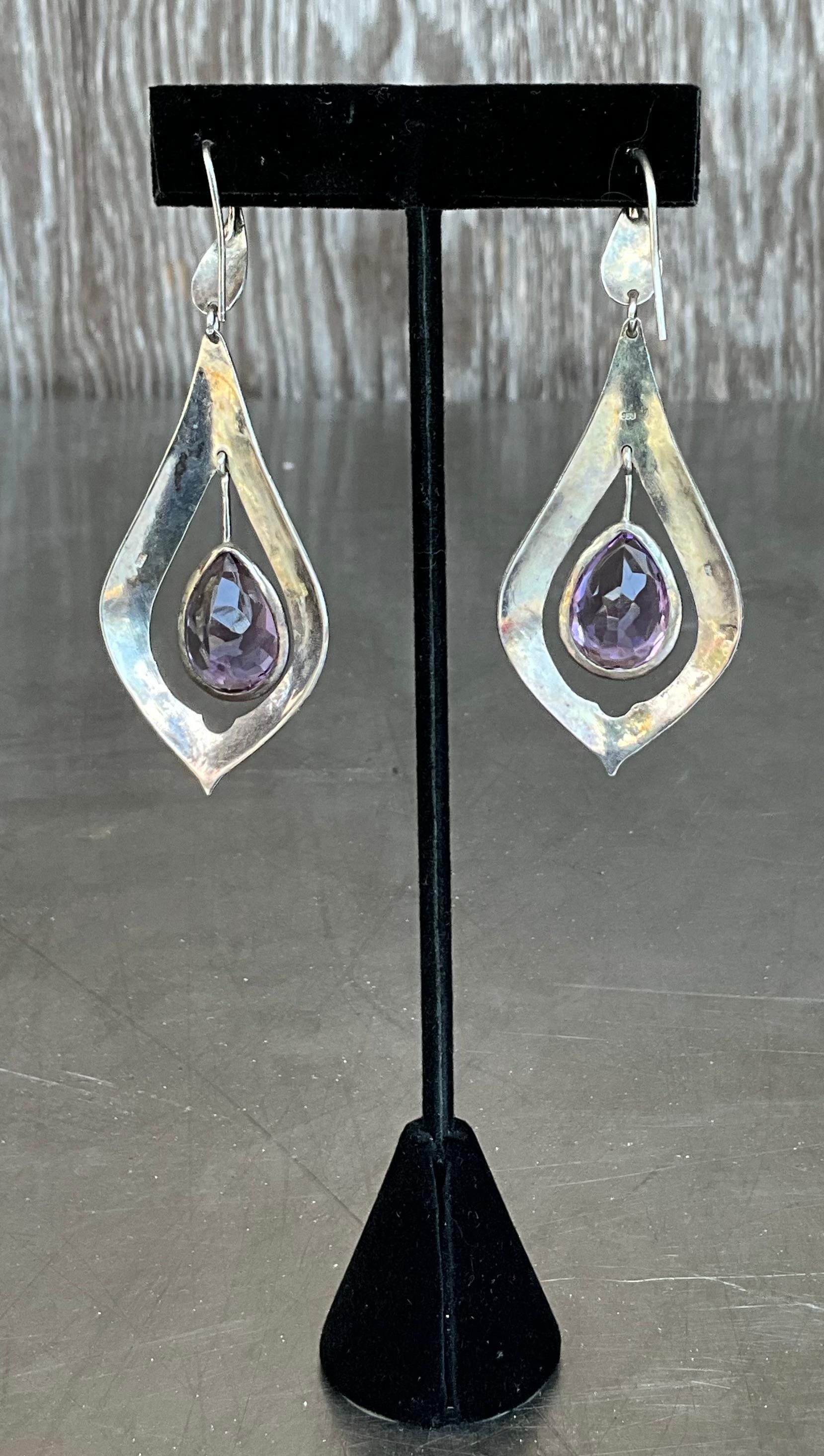 Vintage Sterling Silver Amethyst Drop Earrings For Sale 2