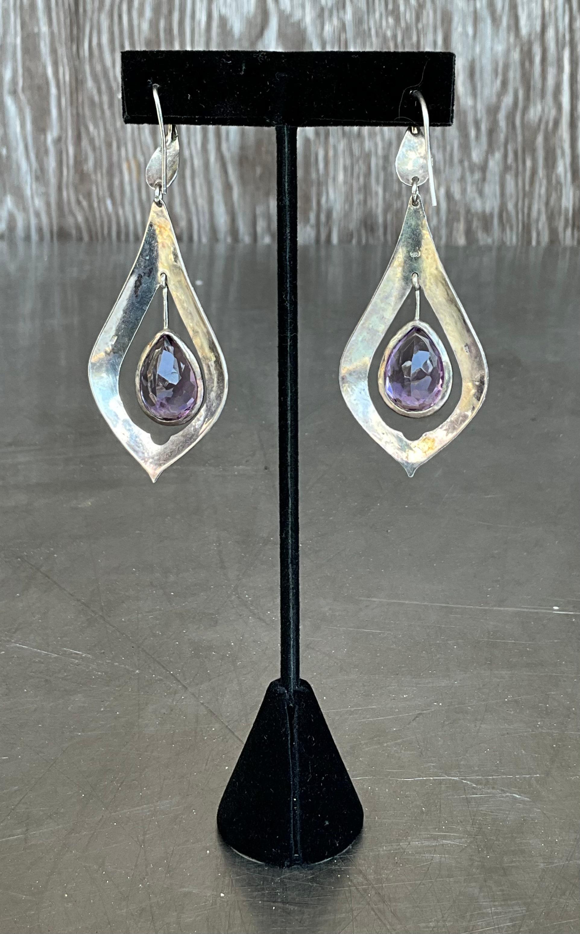 Vintage Sterling Silver Amethyst Drop Earrings For Sale 3
