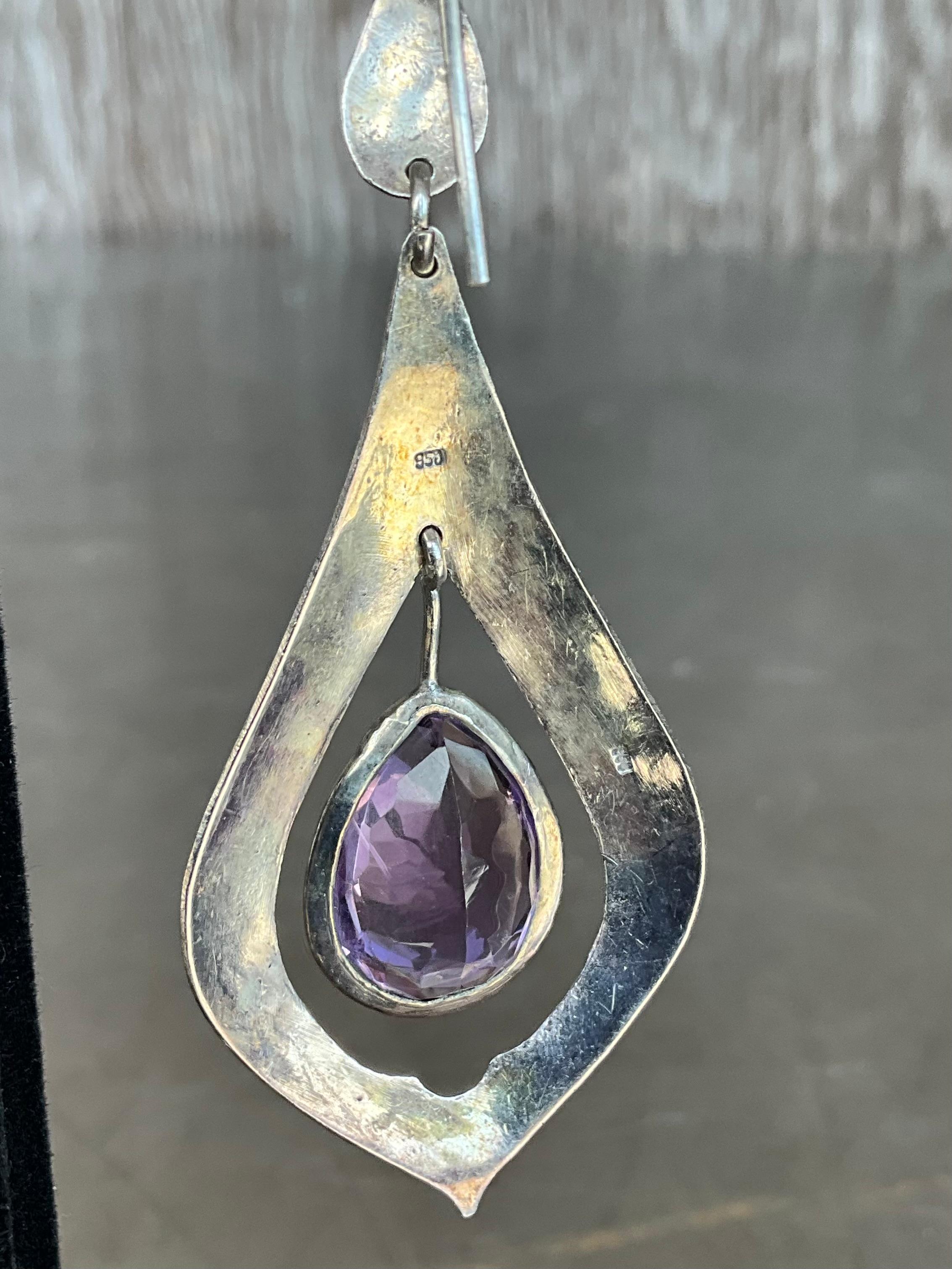 Vintage Sterling Silver Amethyst Drop Earrings For Sale 4