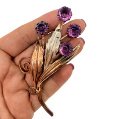 Vintage sterling silver amethyst glass large designer flower brooch