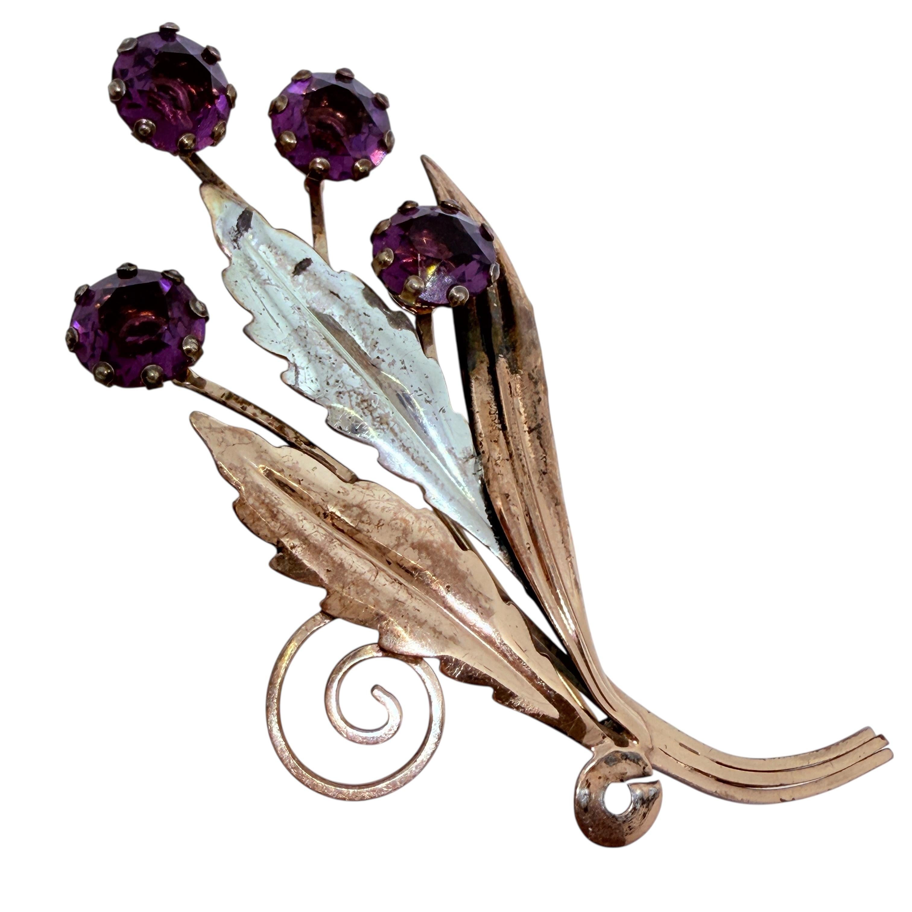 Broche vintage en argent sterling, verre d
améthyste, grande fleur de designer