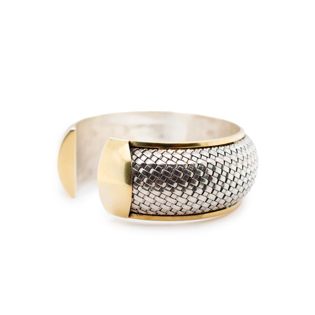 Vintage Sterling Silver And 14K Yellow Gold Cuff Bracelet In Excellent Condition In Houston, TX
