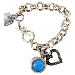 Bracelet italien vintage à breloques unique en argent sterling et agate bleue