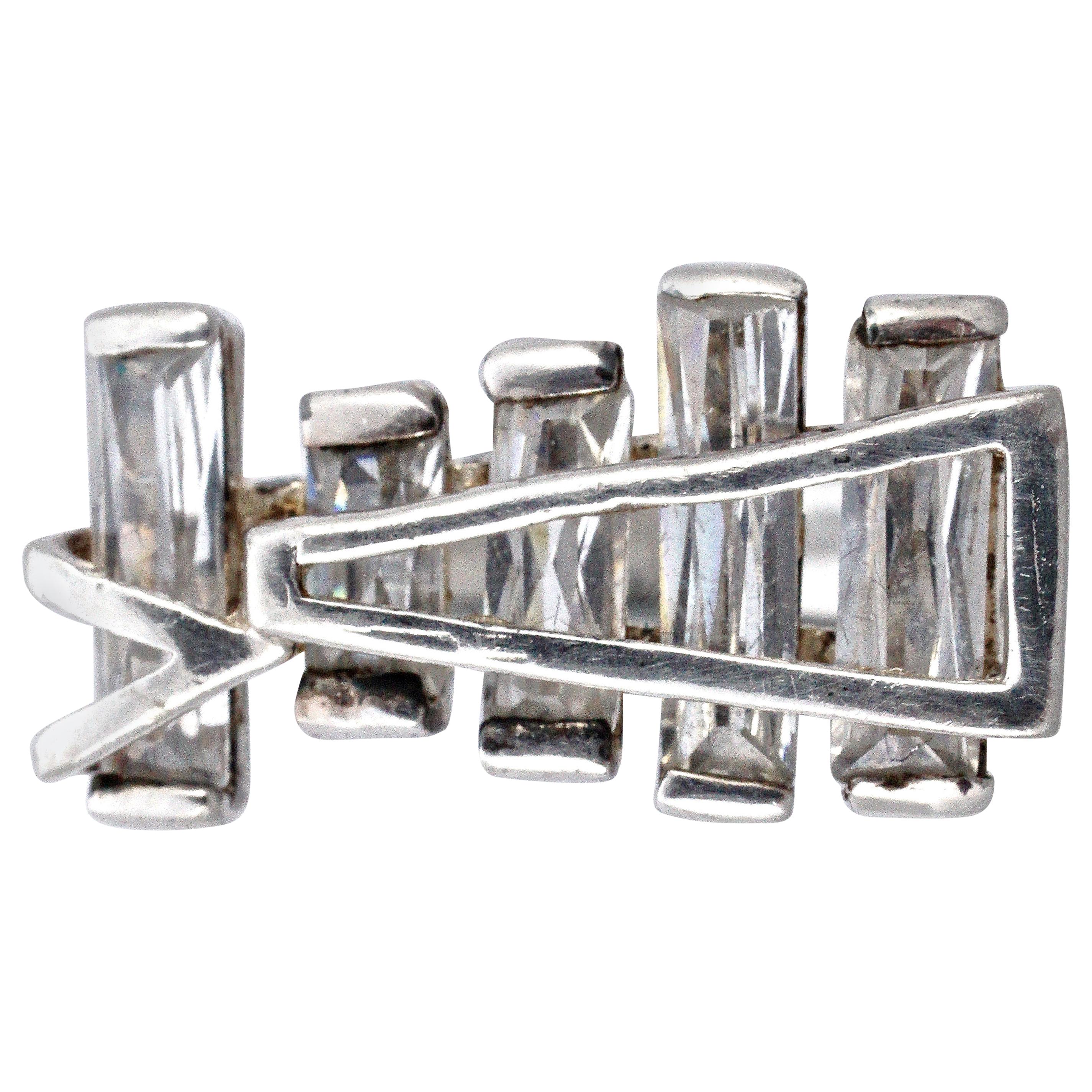 Vintage Sterling Silver and Clear Baguette Geometric Design Ring