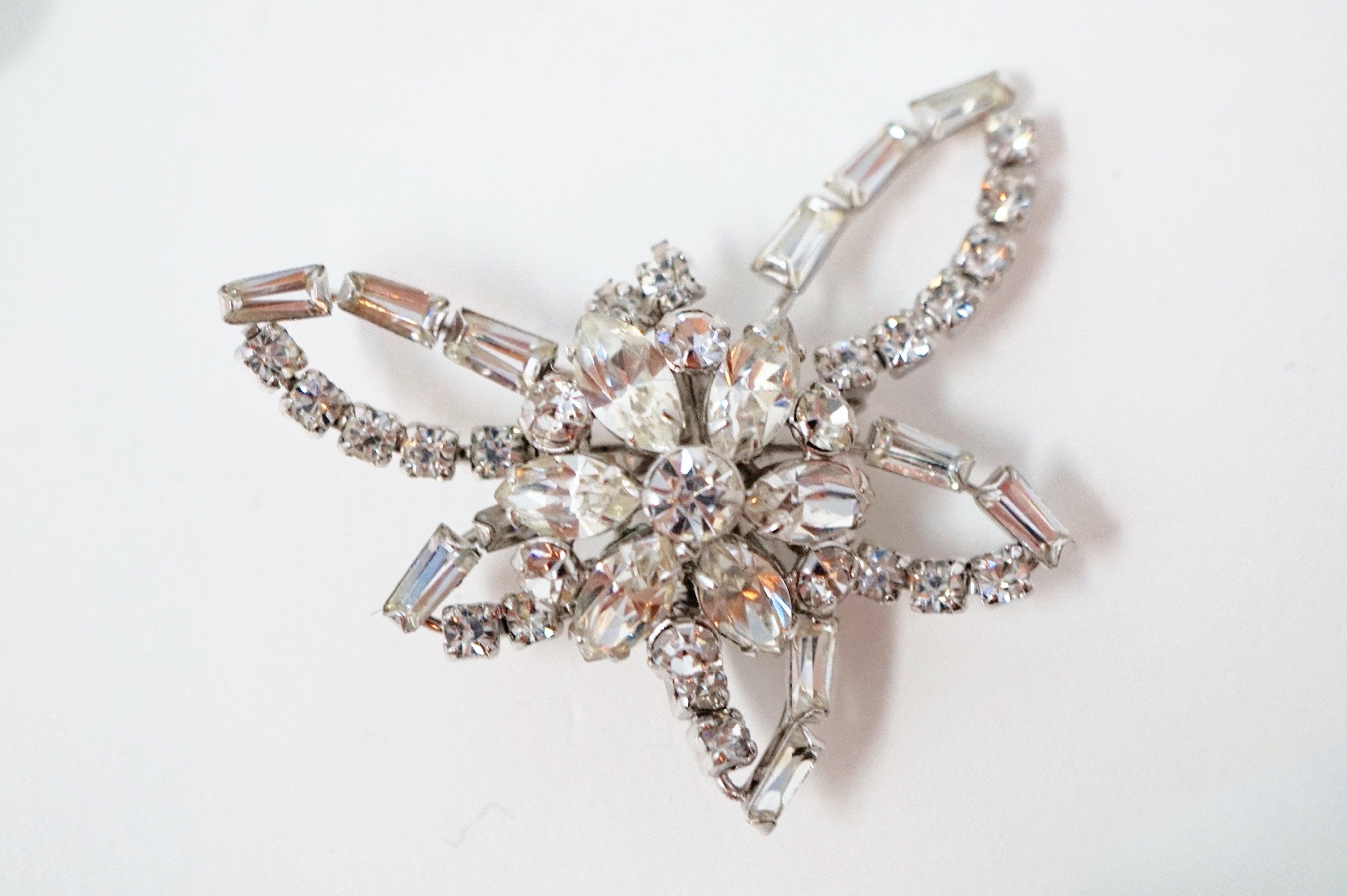 Women's Vintage Sterling Silver and Crystal Floral Brooch by Phyllis, Signed, 1950s