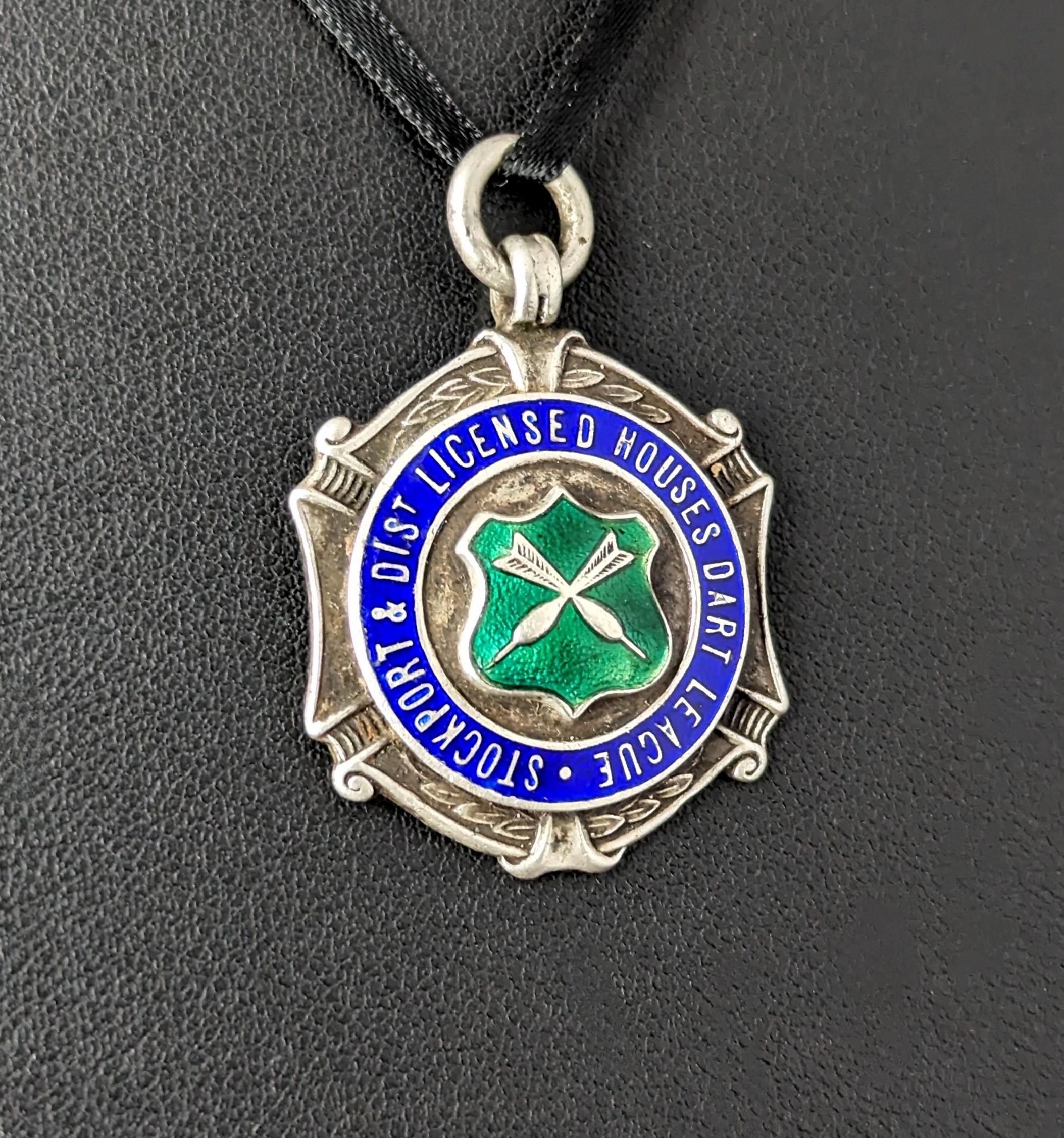 Vintage Sterling silver and enamel fob pendant, Darts league 5