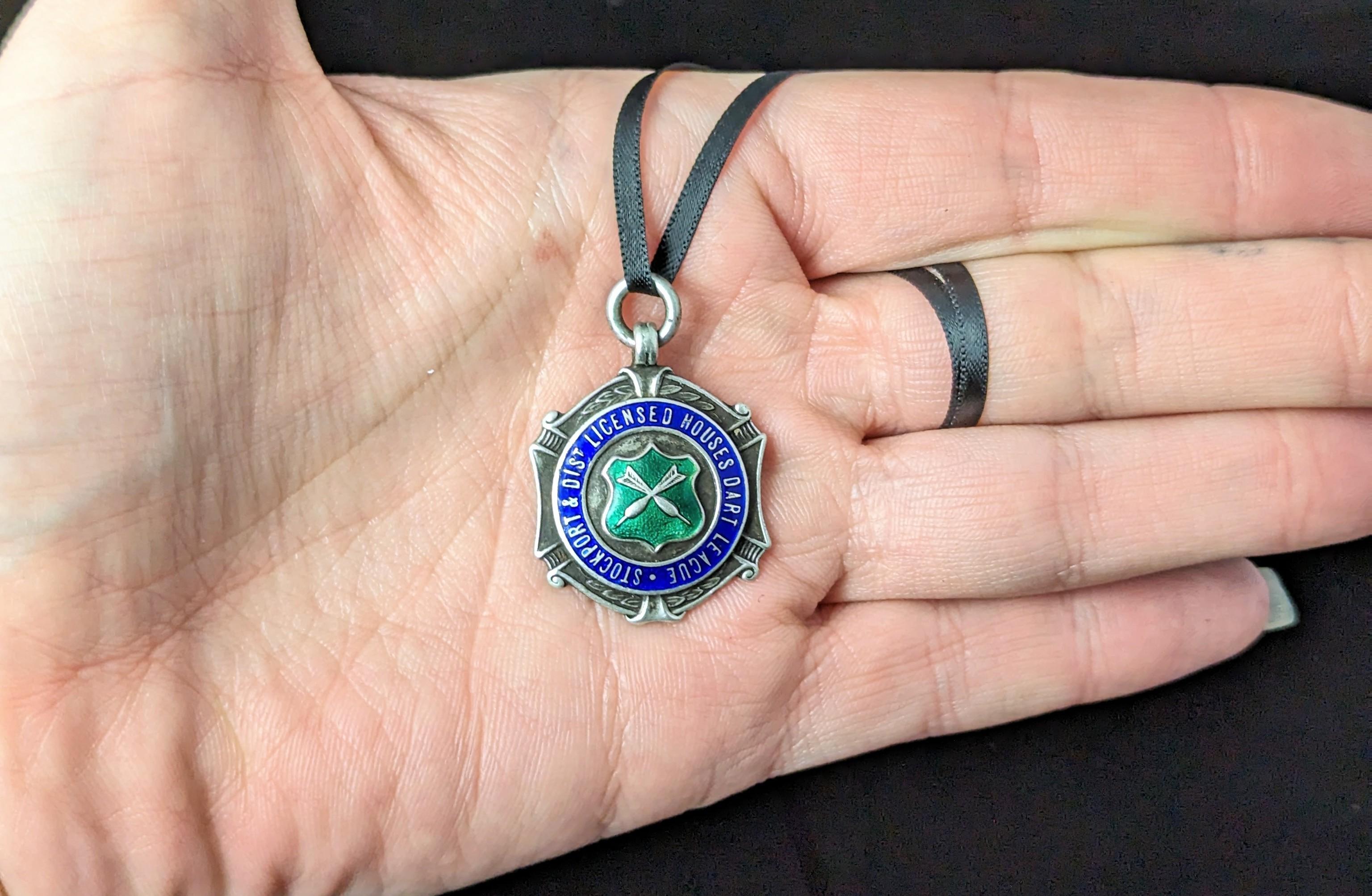 Vintage Sterling silver and enamel fob pendant, Darts league  For Sale 1
