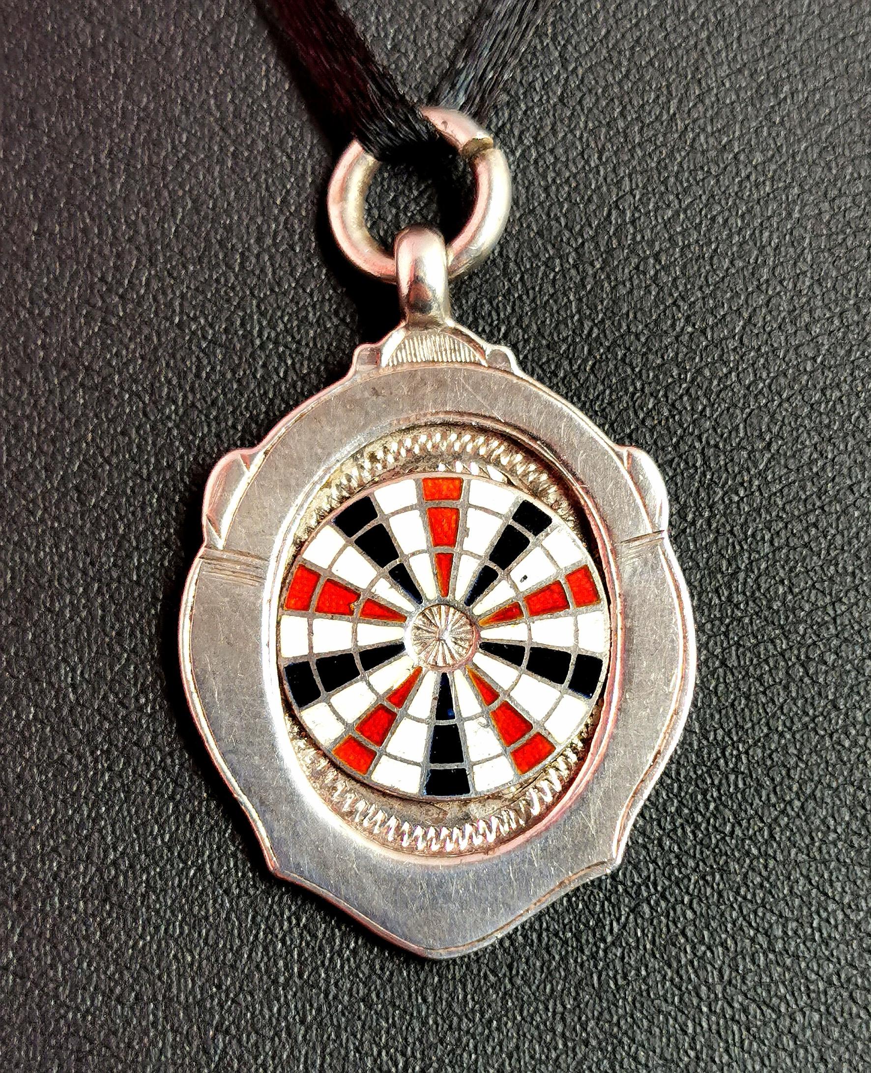 Art Deco Vintage Sterling Silver and Enamel Watch Fob Pendant, Darts, Dartboard