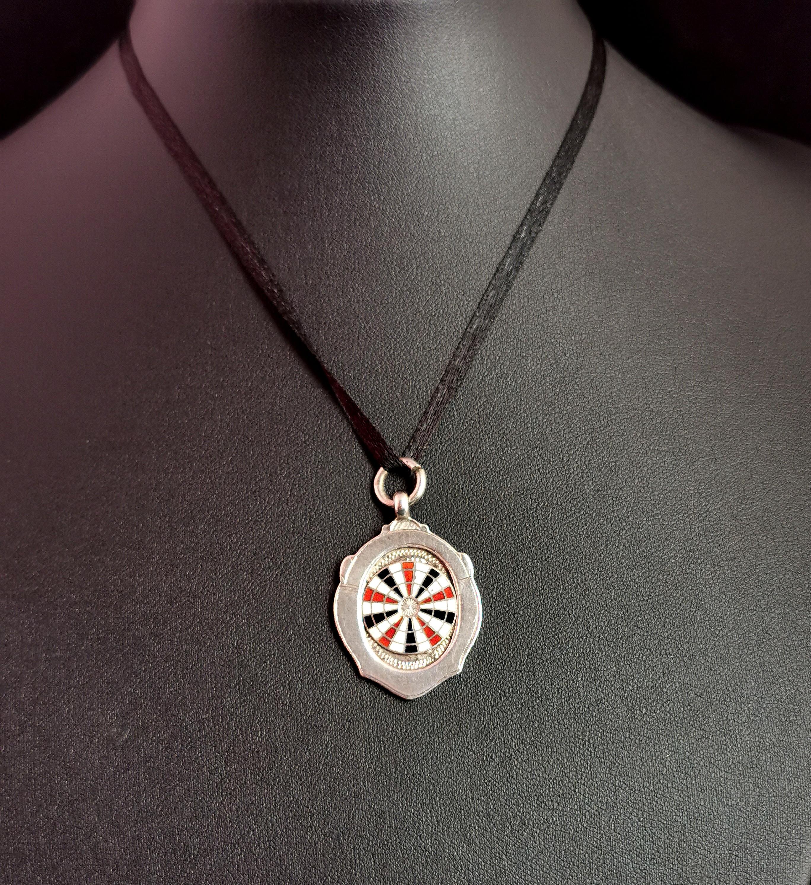 Vintage Sterling Silver and Enamel Watch Fob Pendant, Darts, Dartboard In Fair Condition In NEWARK, GB