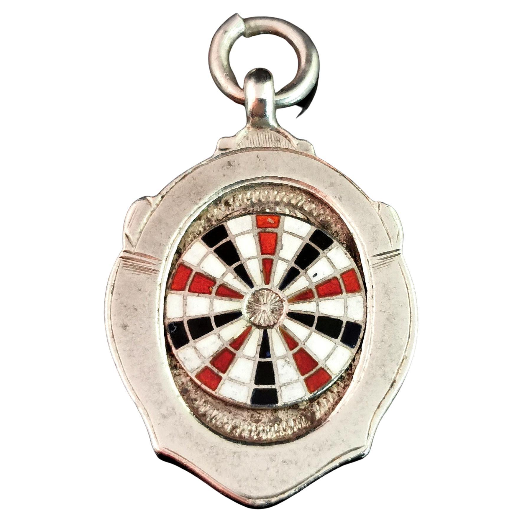 Vintage Sterling Silver and Enamel Watch Fob Pendant, Darts, Dartboard