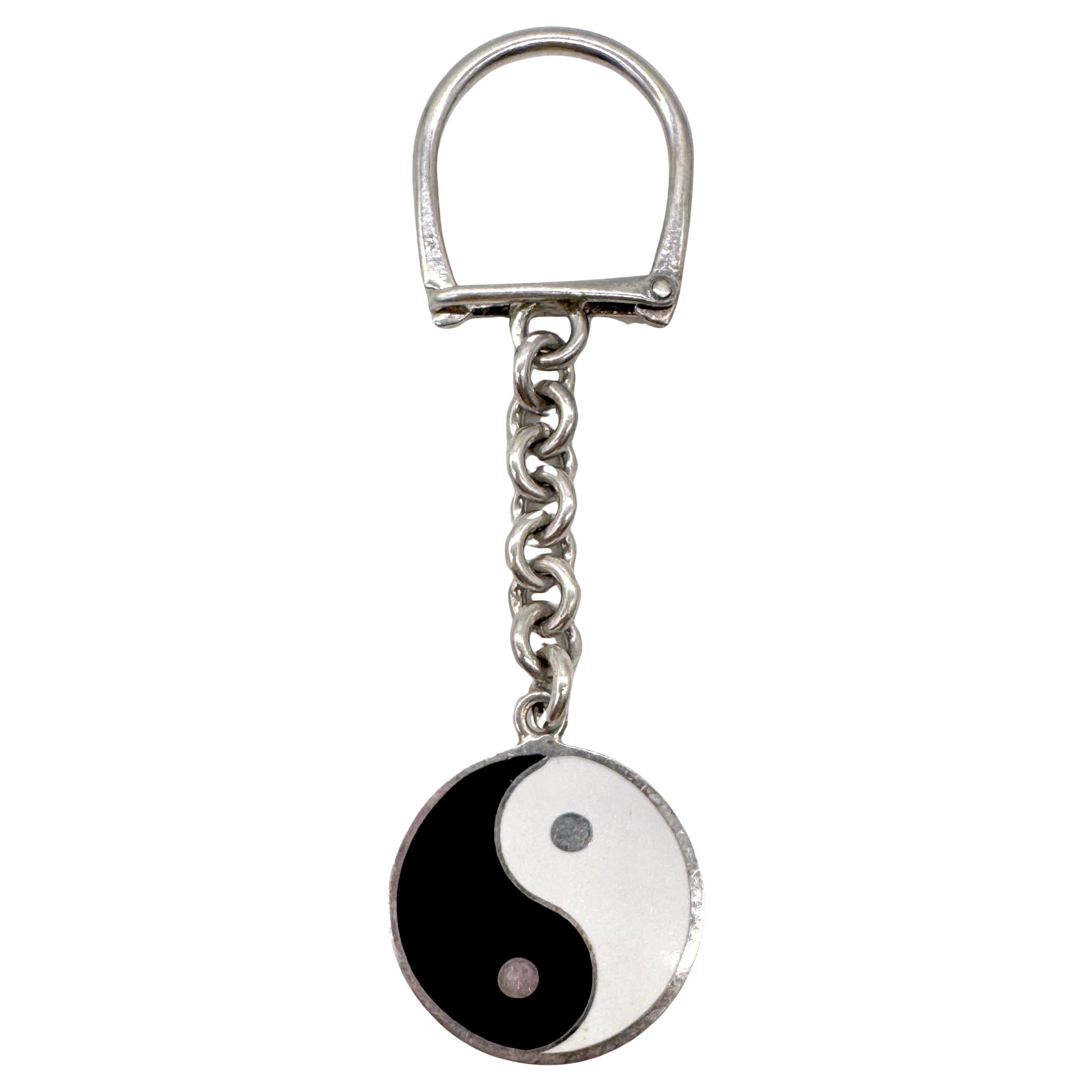 Vintage Sterling Silver and Enamel Yin Yang Key Ring, Later 20th Century For Sale