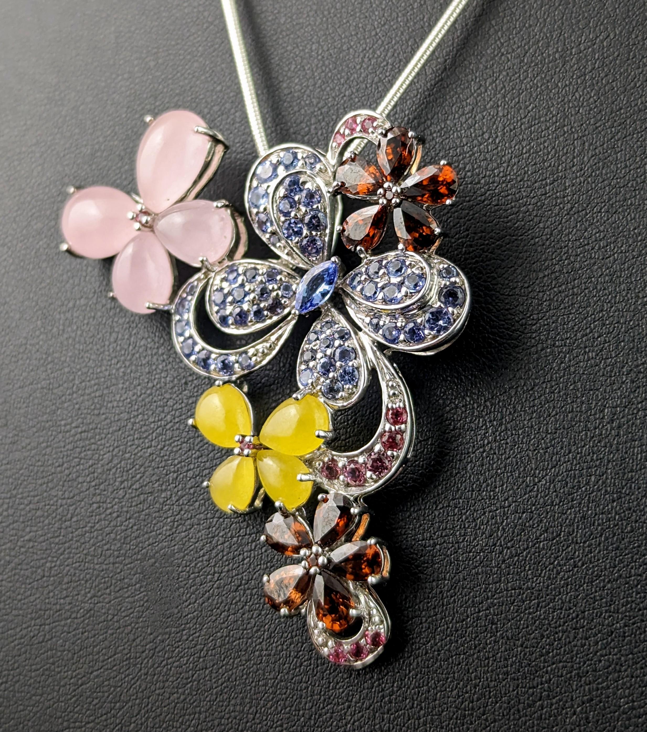 Vintage sterling silver and gem set pendant, Butterflies and Flowers necklace For Sale 4