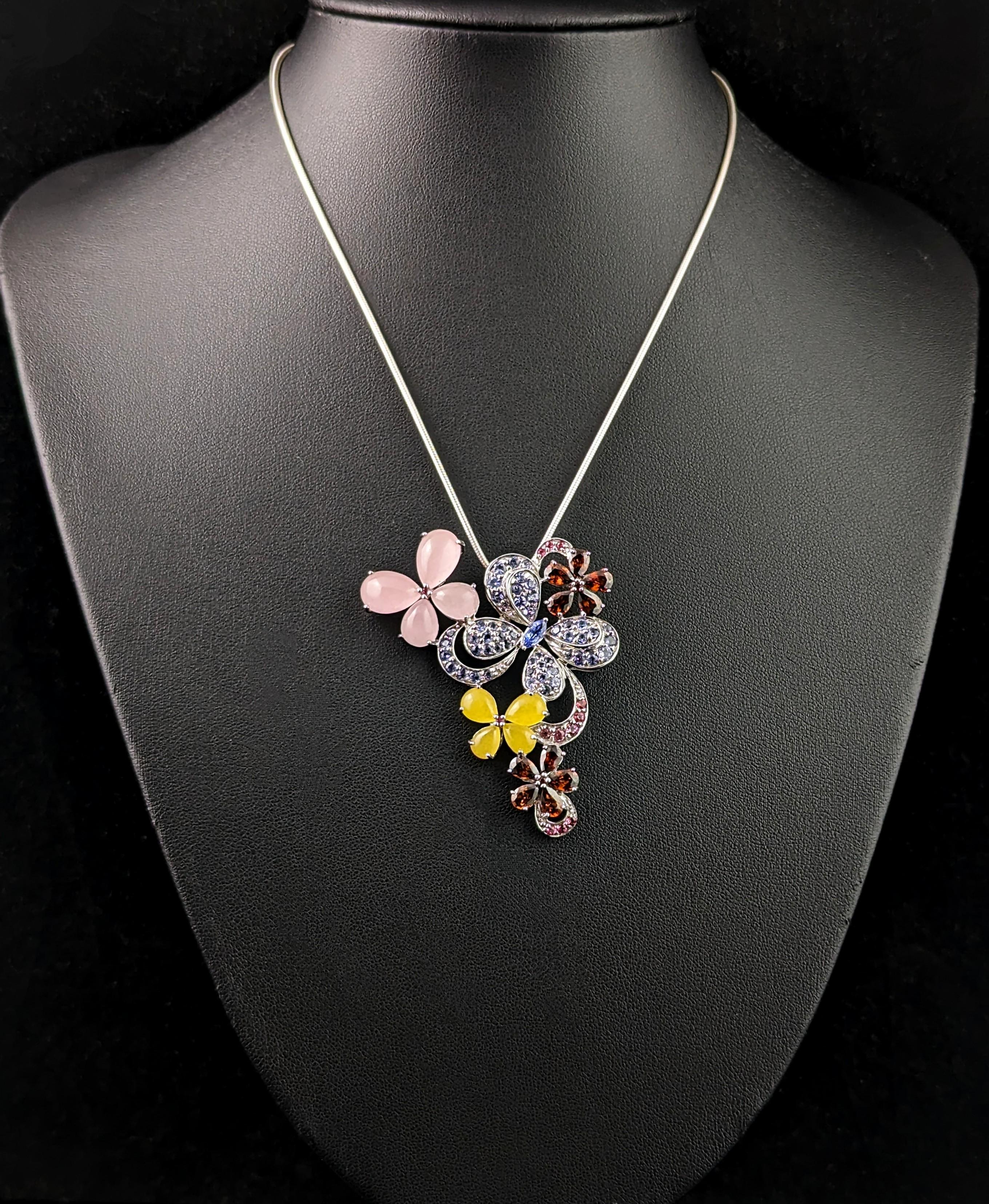 Vintage sterling silver and gem set pendant, Butterflies and Flowers necklace For Sale 2