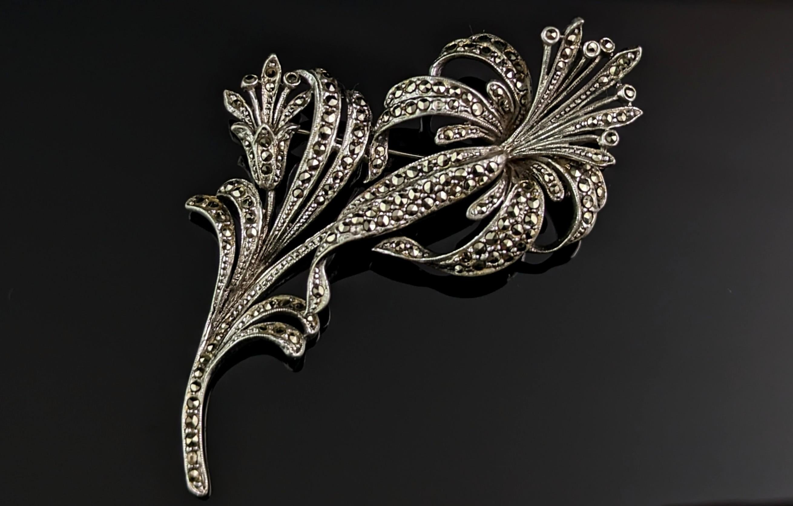 Art Deco Vintage sterling silver and marcasite flower brooch, large  For Sale