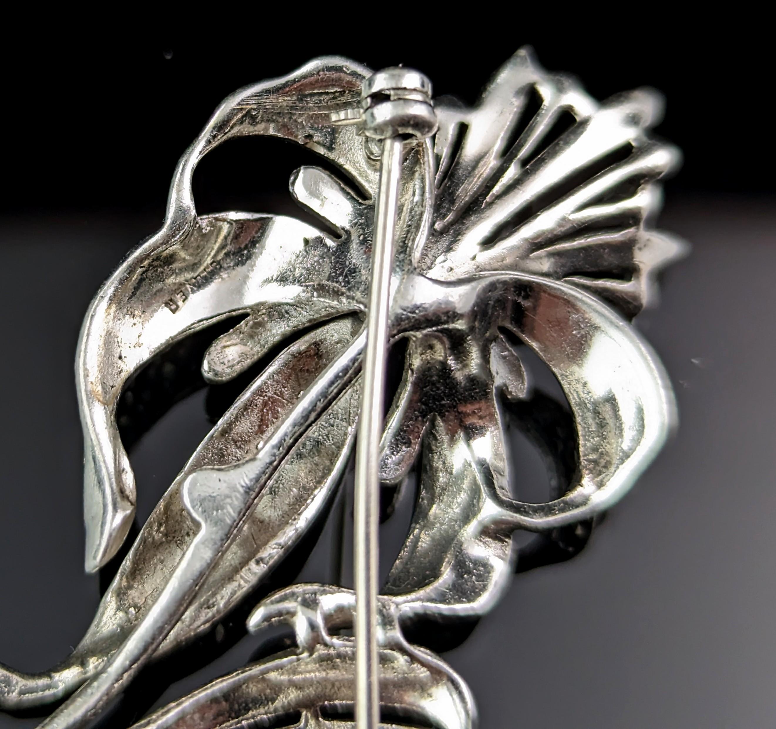 Women's or Men's Vintage sterling silver and marcasite flower brooch, large  For Sale