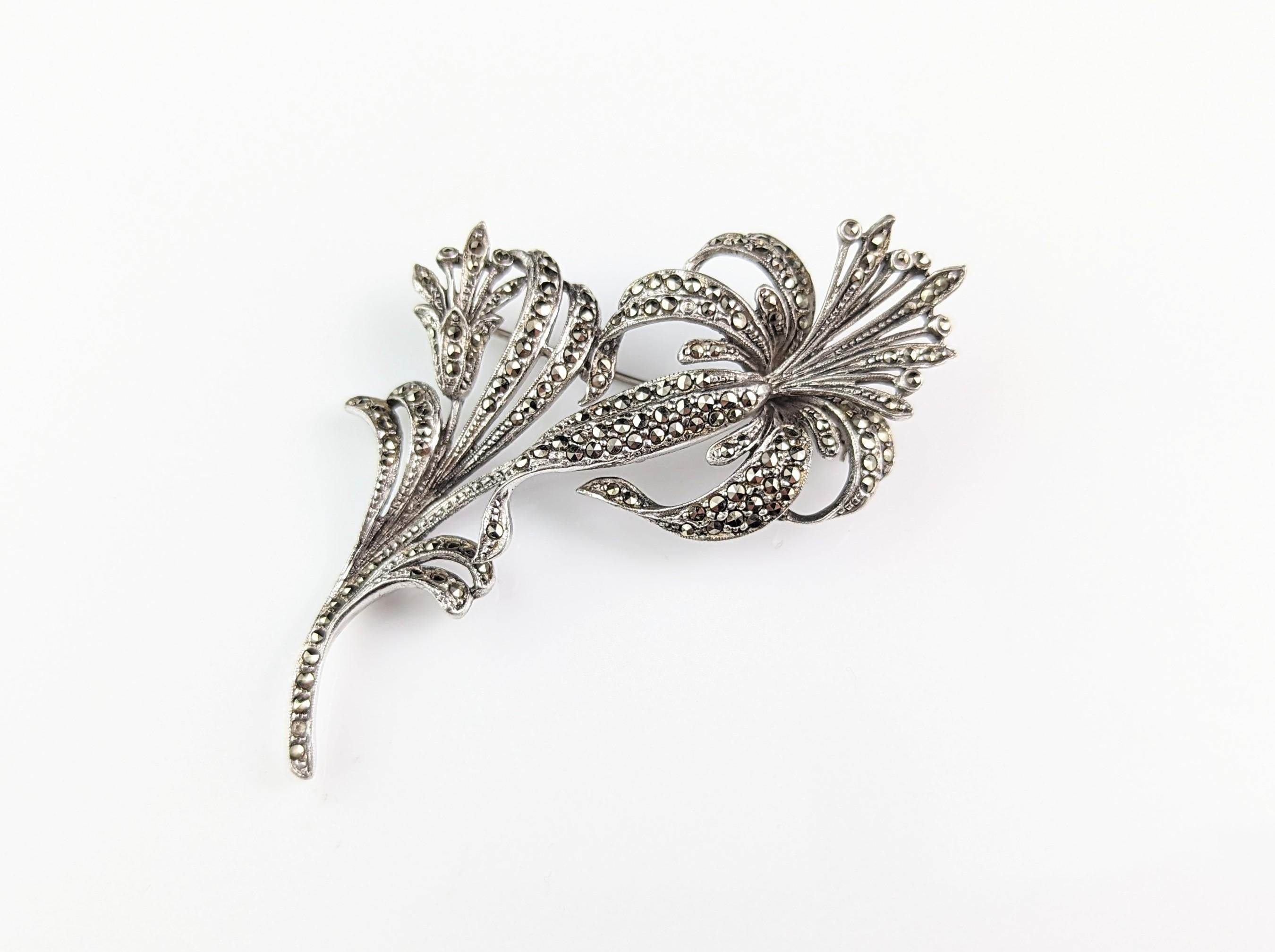 Vintage sterling silver and marcasite flower brooch, large  For Sale 2