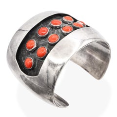Vintage Sterling Silver and Red Coral Cabochon Wide Cuff Bracelet